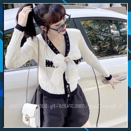 Áo len cổ V tay dài đính nơ viền đá ulzzang kiểu Hàn Quốc