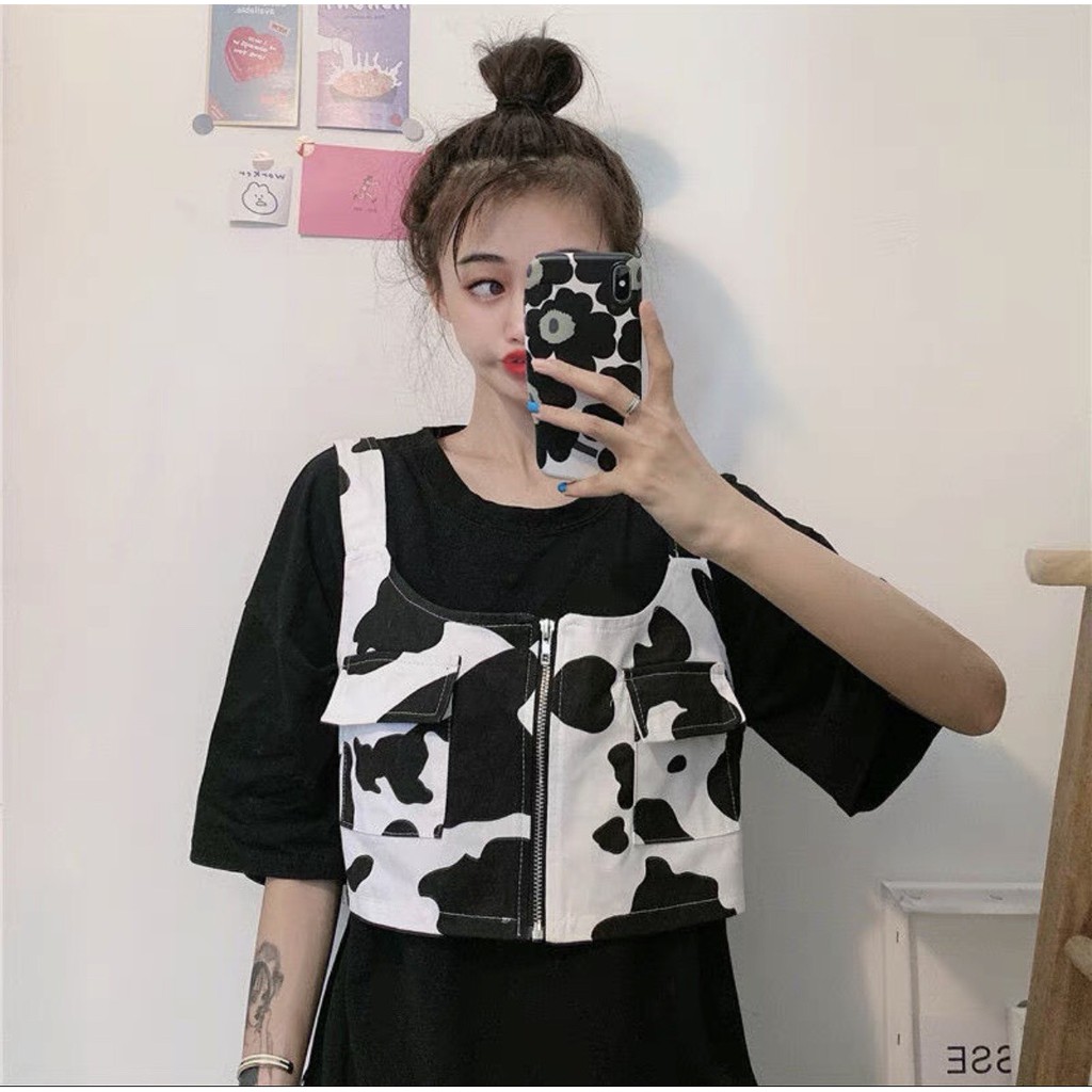ÁO CROPTOP GILE DÁNG BA LỖ HỌA TIẾT BÒ SỮA KHÓA KÉO ULZZANG - Áo khoác gile croptop bò sữa