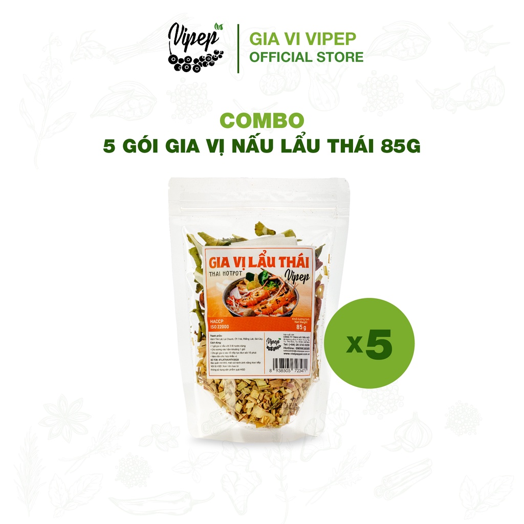 Combo 5 gói gia vị lẩu thái Vipep 85g chua cay, có sẵn rau củ nước lẩu, tiện lợi nấu dùng ngay