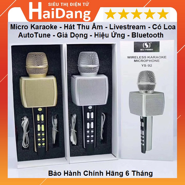 Micro Karaoke Bluetooth YS-92 Trang Bị Soudcard Thu Âm Dùng Livetream Và Hát Như Micro Loa Rời Bình Thường