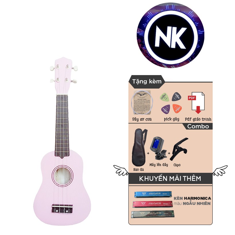 (MUA 1 ĐƯỢC 9) Đàn Ukulele Soprano 21" Full Phụ Kiện + Bao Da + Capo + Tuner + Kèn Harmonica