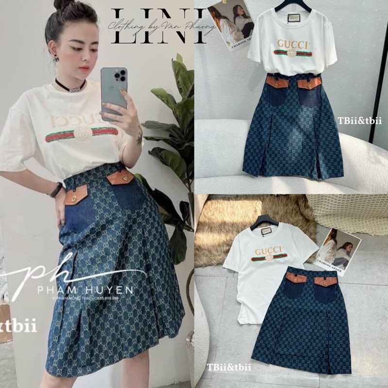 Set áo phông Gu cci mix chân váy bò midi phối da trendy HH