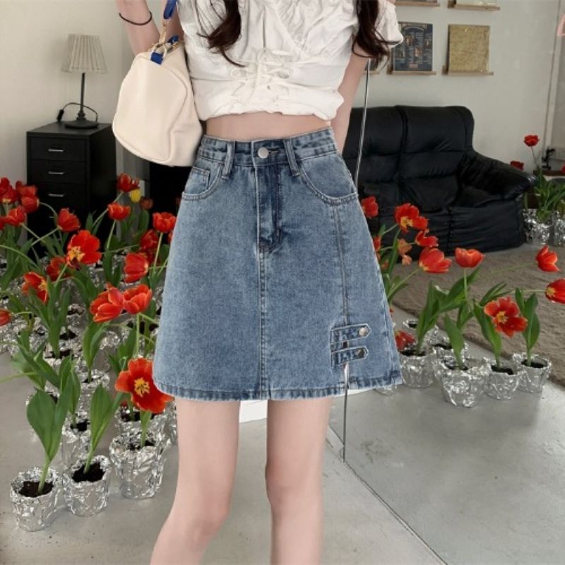 Jiashucheng Chân Váy Denim Ngắn Lưng Cao Dáng Ôm Xẻ Tà Thời Trang Mùa Hè Mới Cho Nữ