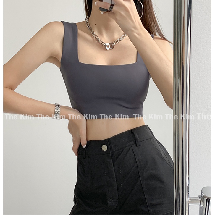 Áo thun croptop cổ vuông may 2 lớp vải cotton , 2 dây quai to dáng lửng ôm body The Kim A113