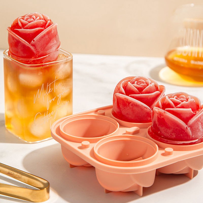 Khuôn Silicone Làm Nước Đá Hình Cầu 4 Ngăn Hình Hoa Hồng