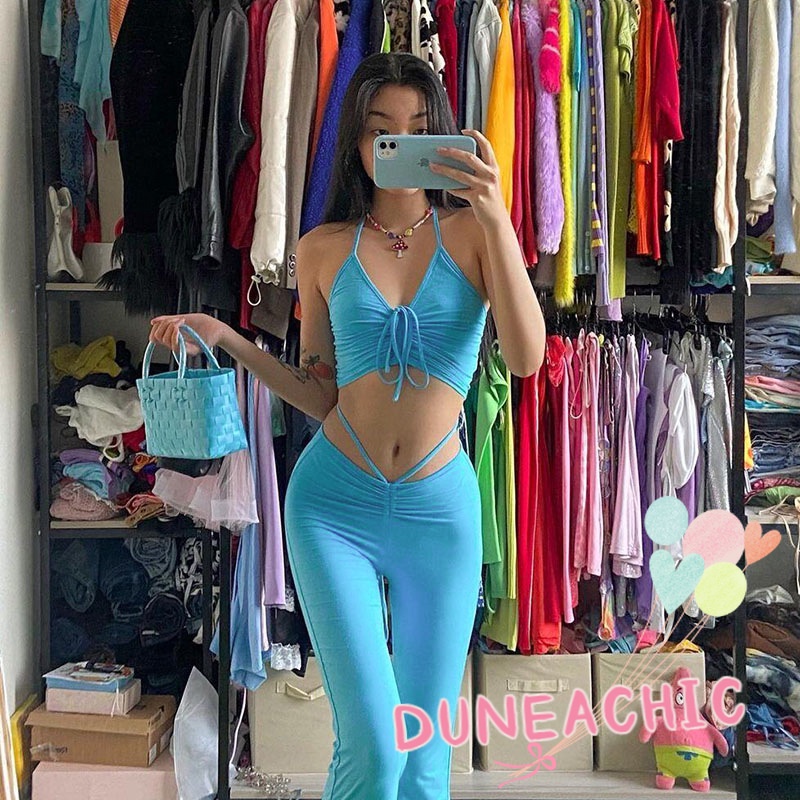 DUNEA Set Đồ 2 Món Áo Tank Top Trơn Thắt Nơ Eo Và Quần Dài Màu Trơn Cho Nữ
