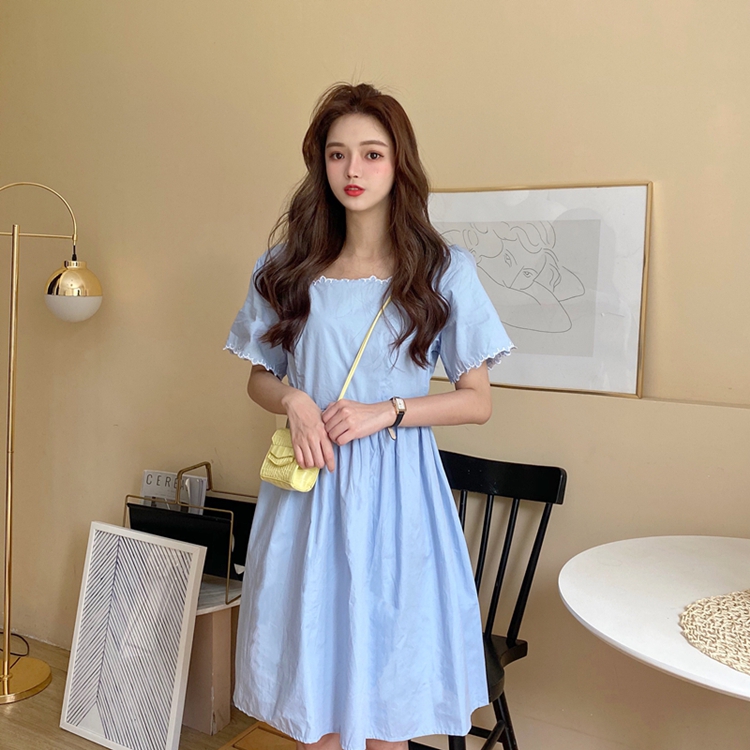 Đầm Chữ A Tay Ngắn Thêu Hoa Phong Cách Ulzzang Hàn Quốc 2 Màu Lựa Chọn