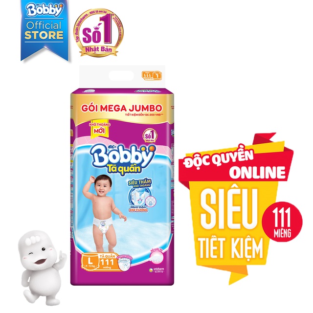 Tã quần Bobby siêu thoáng bịch Mega Jumbo M120/L111/XL102/XXL93