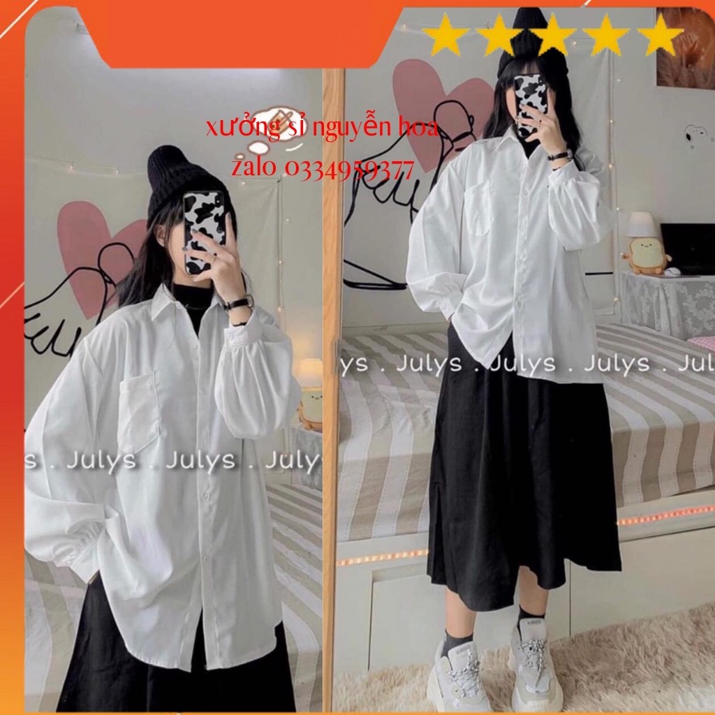 Áo sơ mi trắng nữ dài tay bồng túi ngực Basic Unisex Dáng Rộng cực xinh xưởng sỉ nguyễn hoa
