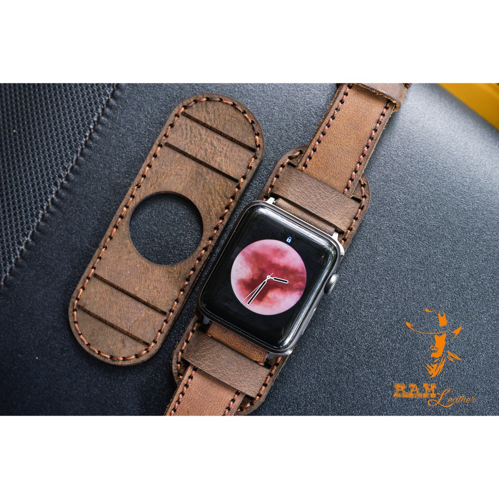 Dây Apple Watch , iWatch , iphone Watch da bò nâu đất kèm bundstrap chống mồ hôi RAM Leather b1