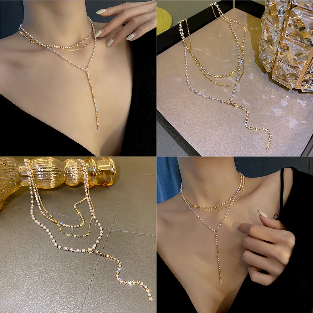 Vòng cổ Dáng Chữ Y Nhiều Lớp Đính Đá Zircon Pha Lê Lấp Lánh Phong Cách Hàn Quốc Sang Trọng Cho Nữ