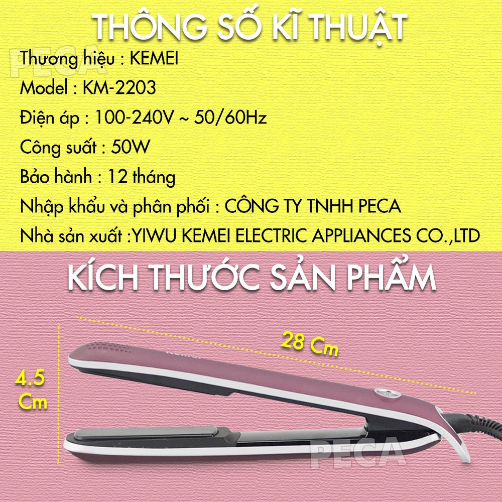 Máy duỗi tóc KEMEI KM-2203 điều chỉnh 4 mức nhiệt độ thông minh chuyên dùng để duỗi, là, ép thẳng, uốn cụp đuôi