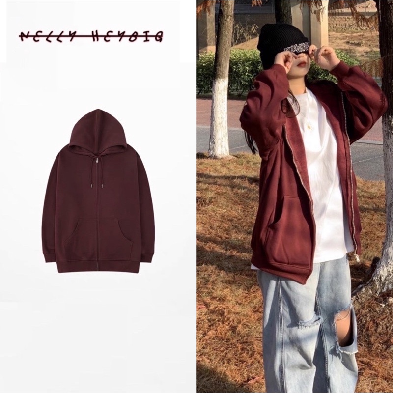 Áo khoác Hoodie Zip trơn  Nelly Heybig form rộng dành cho nam và nữ 69 30