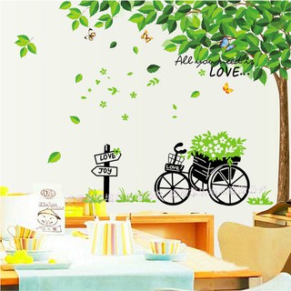 Decal dán tường combo cây tán rộng to + xe đạp xanh