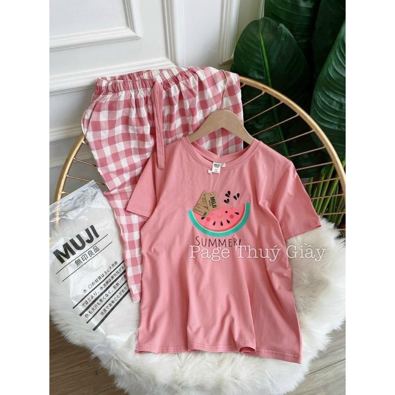 bộ ngố mặc nhà quần kẻ áo cotton hình hoa quả