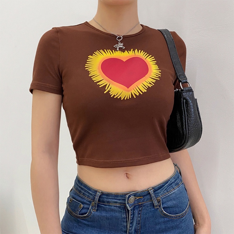 Áo Thun Tay Ngắn Cổ Tròn In Hình Trái Tim Phối Tua Rua Phong Cách Harajuku Dễ Thương Cho Nữ