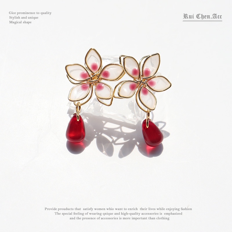 [Hàng Mới Về] Bông Tai Kẹp Không Xỏ Lỗ Mặt Resin Tráng Men Hình Hoa Anh Đào Mori Girl