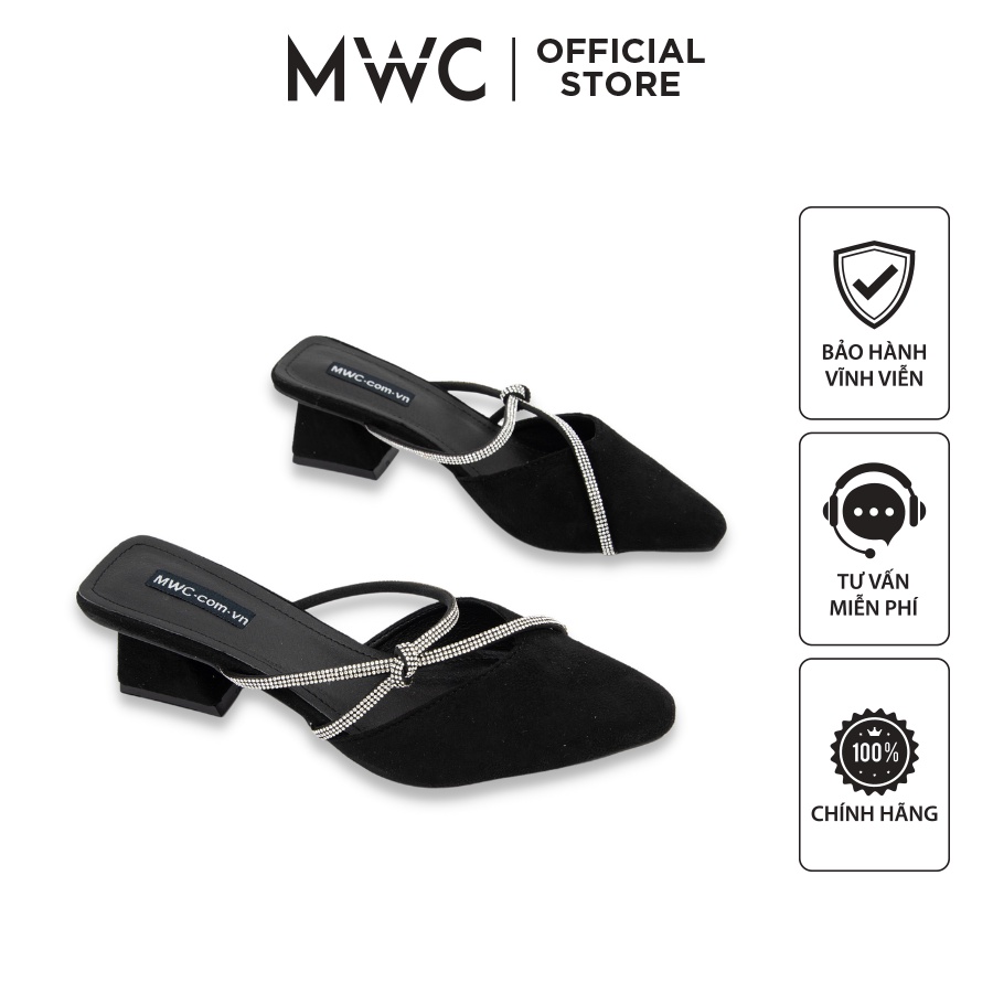 Giày MWC 4205 - Giày Sục Cao Gót 5cm, Sục Mũi Nhọn, Sục Cao Gót Đế Vuông Phối Quai Đính ĐáThanh Lịch