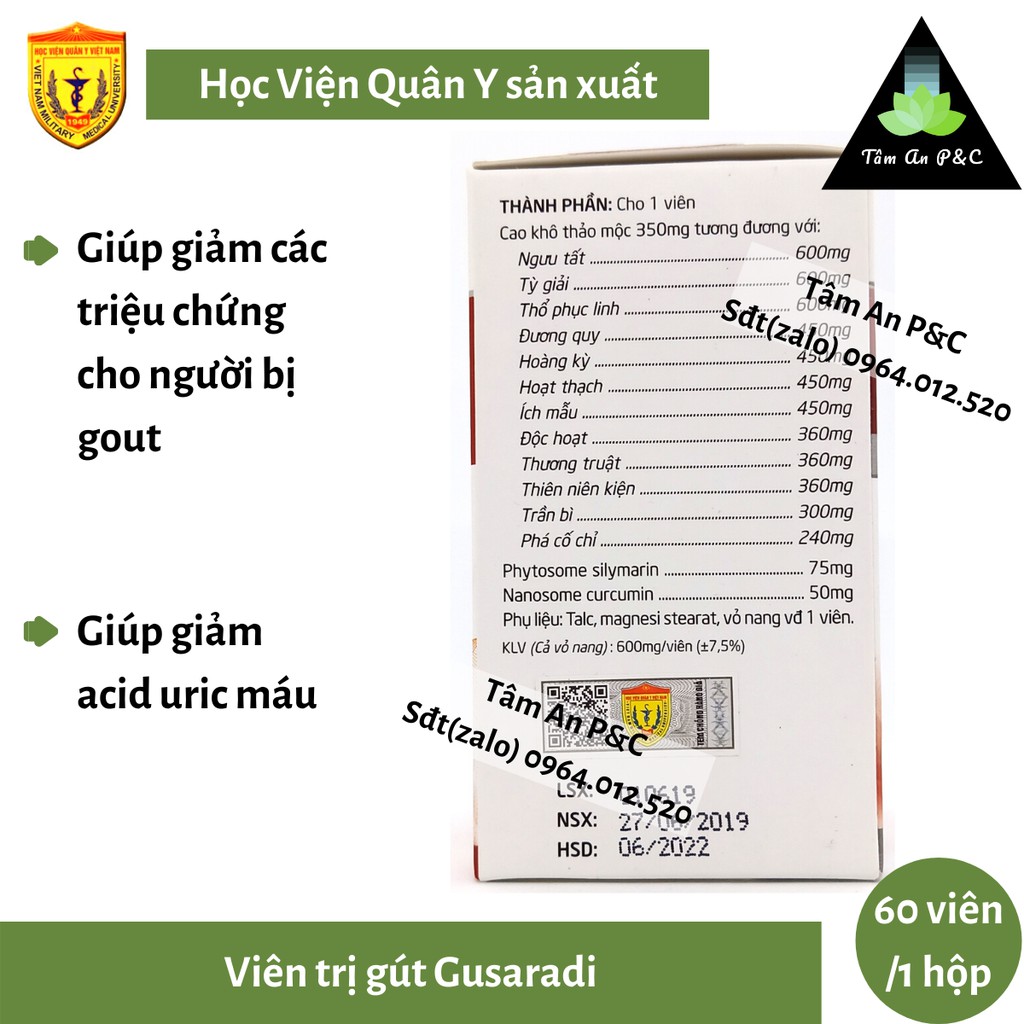 Viên nang tri Gout (Gút) Gusaradi Học viện Quân Y- Dành cho người bị Gout- CHÍNH HÃNG HVQY