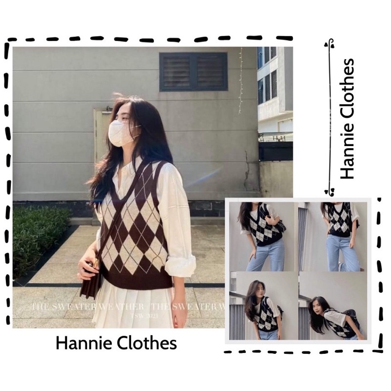 Áo Gile Cổ V Dệt Kim Hoạ Tiết Trám - Áo Gile Len Phong Cách Hàn Quốc Hannie Clothes