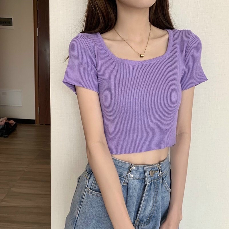 Áo thun gân len croptop ngắn tay cổ vuông đơn địu nhiều màu 🪴🪴🪴c