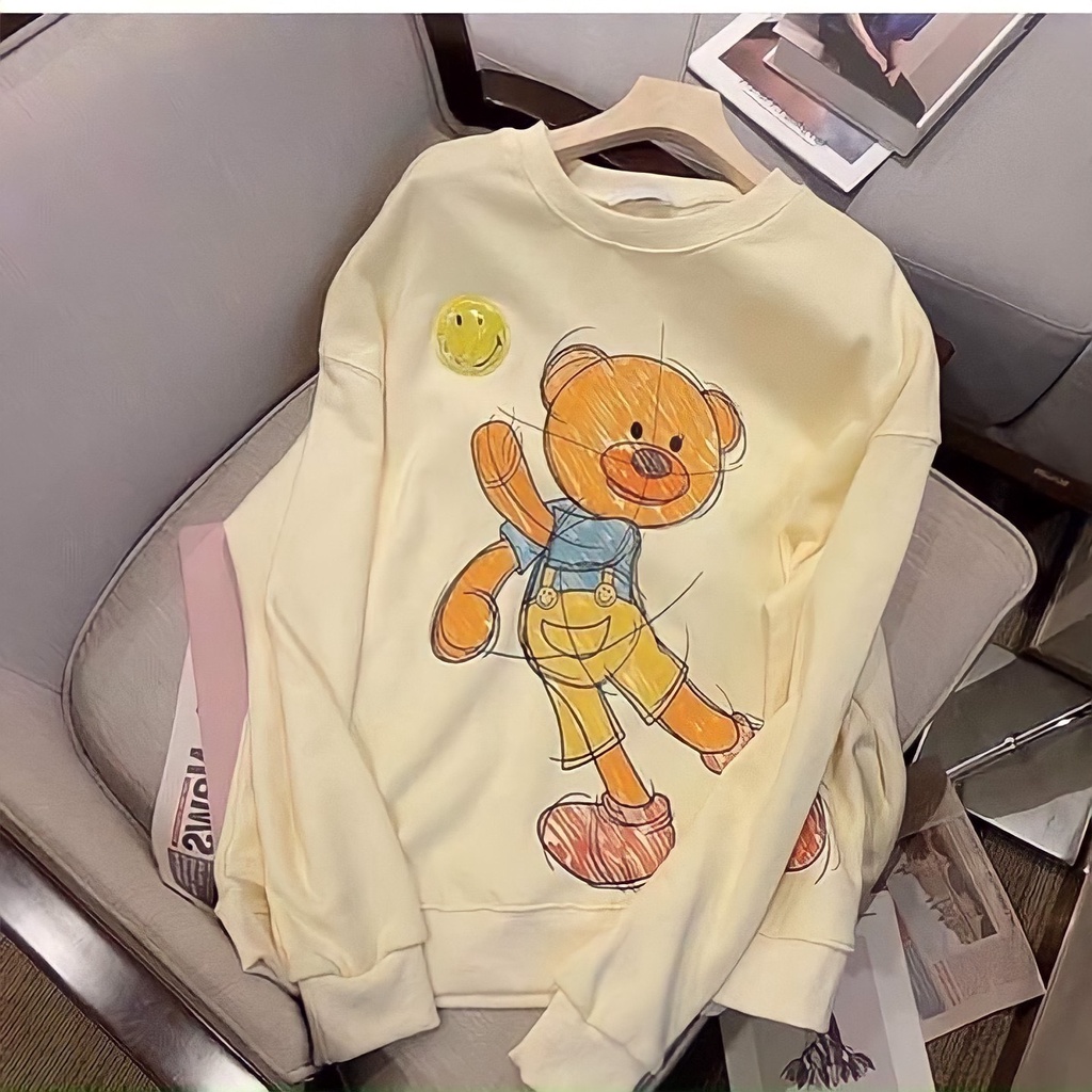 Áo Sweater Nỉ Nữ Hình Gấu In Màu 🦋 Áo Thun Nữ Cổ Tròn Dài Tay 2 Màu 🦋