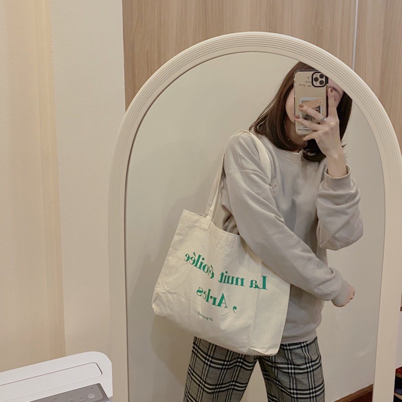T166/Túi Vải Tote Đeo Vai Phong Cách Hàn Quốc Chữ La Nuit Xanh Lá Vải Thô Dày Dặn