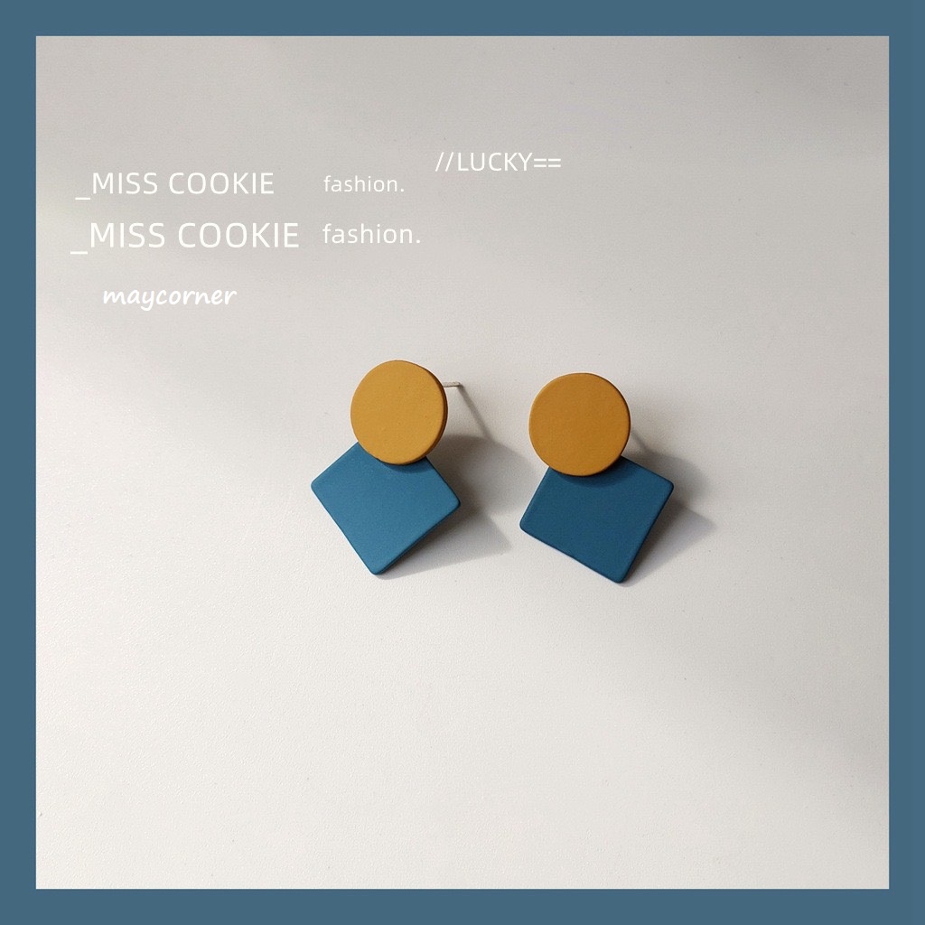 Vintage với bông tai hình học xanh 1527 mạ 925 cao cấp