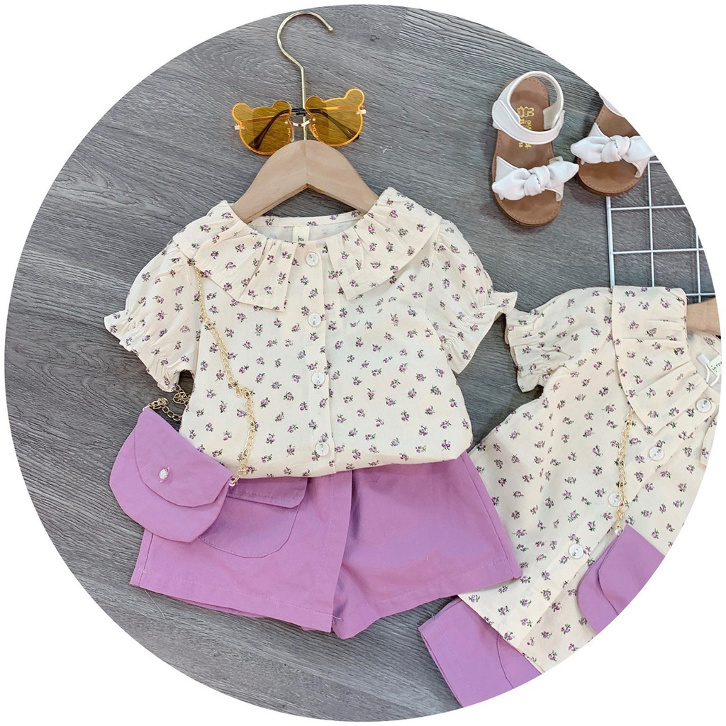 Set Bộ + Túi Bé Gái 6-18kg Áo Cổ Bèo Đũi Hoa Nhí Mềm Quần Thô Giả Váy, Bộ Đi Chơi, Đi Học Cho Bé - AN.KID