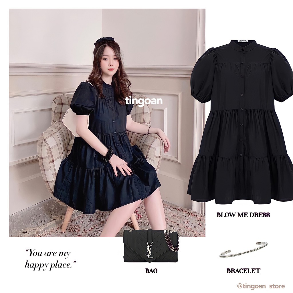 TINGOAN® - Váy babydoll xòe vai phồng cổ tàu chống nhăn đen BLOW ME DRESS/BL