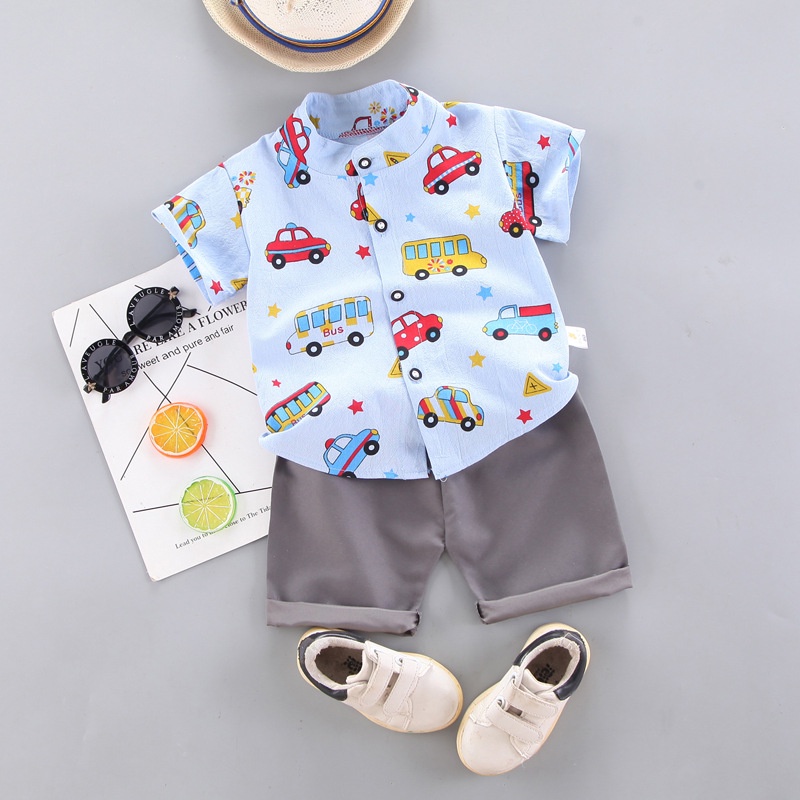 Trang phục  gồm áo thun tay ngắn in hình xe hơi hoạt hình và quần cho bé trai 0-4 tuổi