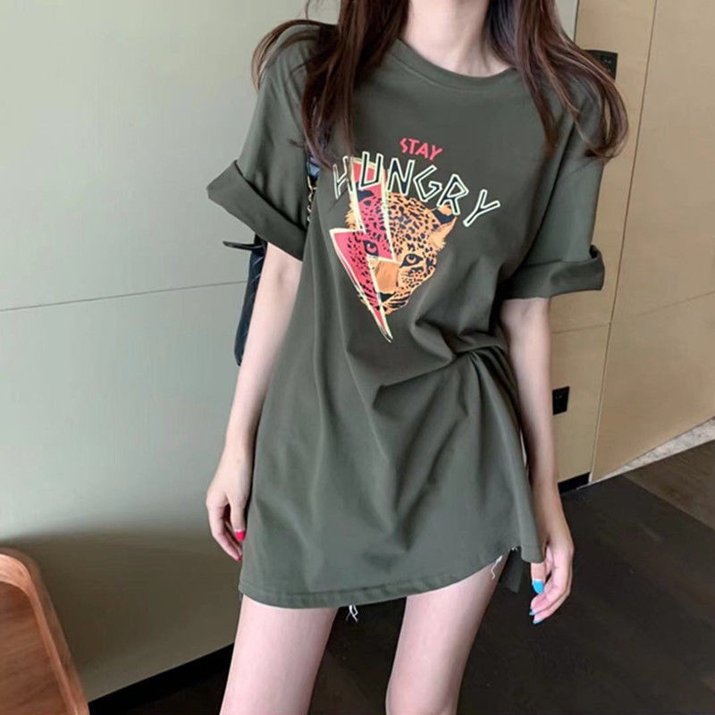 Cotton short-sleeved women's 2021 summer new Korean version of the split printed loose half-sleeved mid-length t-shirt top ins tide