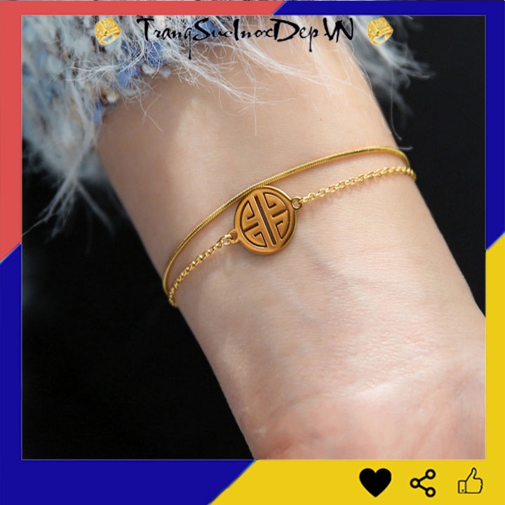 Lắc tay nữ titan 2 tầng chữ phước màu vàng sáng đẹp, bền màu, đem lại may mắn cho người đeo
