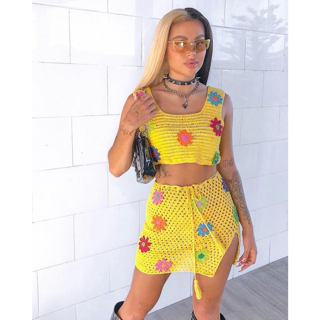 DUNEA Bộ đồ gồm áo 2 dây dệt hoa và chân váy xẻ tà thời trang xinh xắn cho nữ