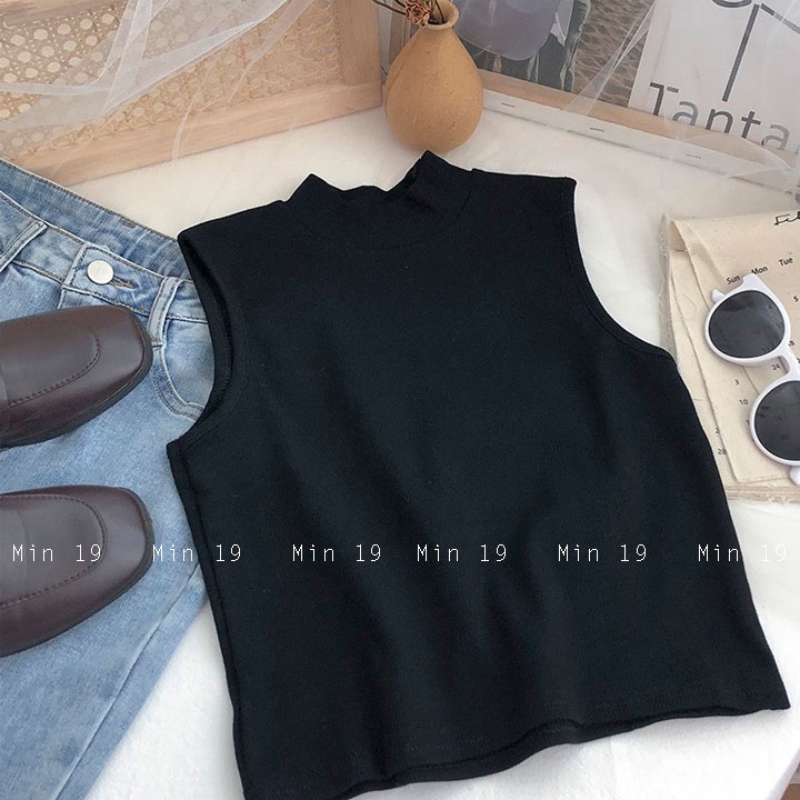 Áo sát nách nữ MIN19 áo ba lỗ croptop form rộng bigsize cổ cao dáng ôm body thể thao chất thun tăm màu trắng đen be nâu