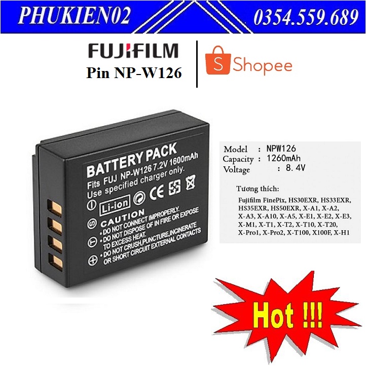 Pin máy ảnh Fujifilm NP-W126 Tương thích :Fujifilm FinePix, HS30EXR, HS33EXR, HS35EXR, HS50EXR, X-A1,...