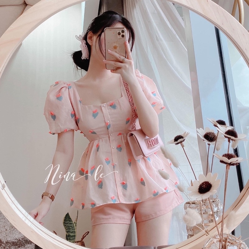 Set bộ peplum đùi nữ áo cổ vuông khoét lưng cột nơ in hoại tiết thoải mái mặc ngày hè