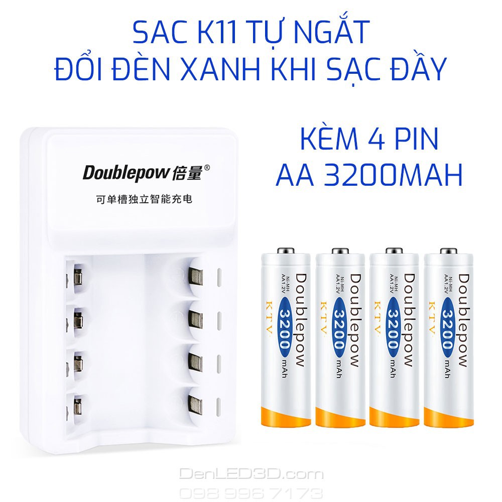 [Chính Hãng] Combo Sạc Tự Ngắt K11 Kèm 4 Pin Doublepow 3000Mah - Sạc Nhanh Có Đổi Màu Đèn BH 1 đổi 1