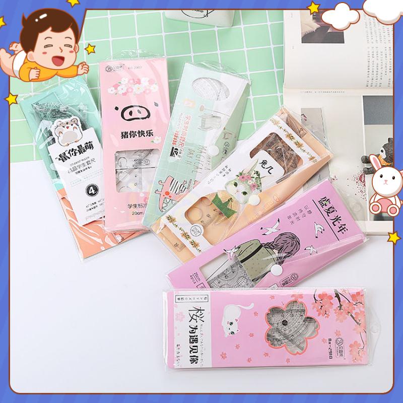 ⭐ iLado ⭐   Bộ Thước Kẻ 4 Món 15cm Thước đo kích thước Dụng Cụ Vẽ Hình Học Cute Theme Thước kẻ học sinh dễ thương chất lượng cao Tiện Lợi Hoạt Hình trong suốt có túi đựng In Họa Tiết Hoạt Hình dễ thương