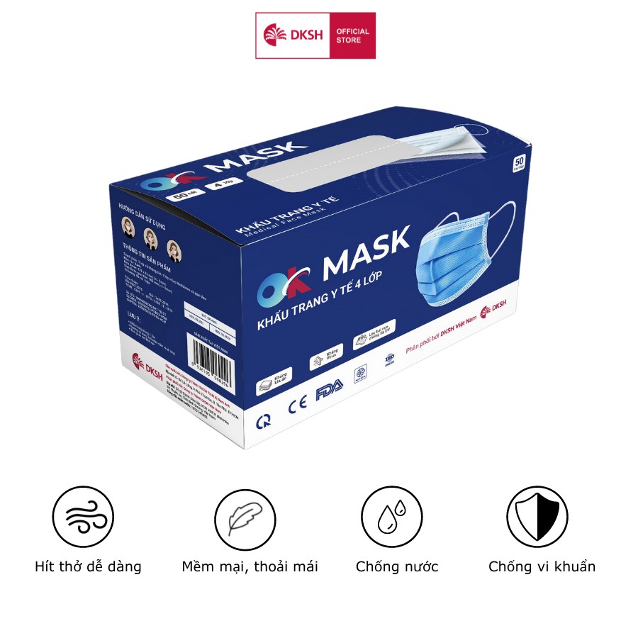 Hộp Khẩu Trang Y Tế Cao Cấp Ok Mask 4 Lớp, Đạt Chuẩn Kháng Khuẩn, Chất Liệu Mềm Mại