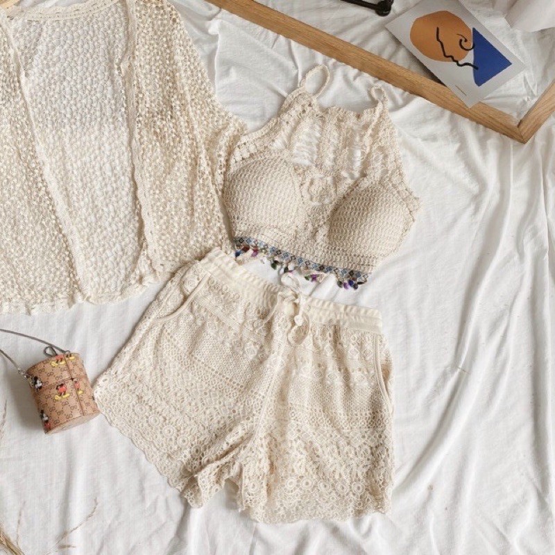 [ 3 món ] Set Bikini đi biển cổ yếm đính hạt hàng chuẩn