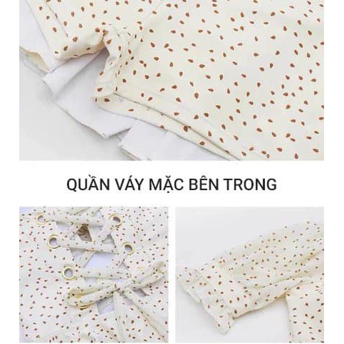 Váy bơi hoa nhí đan dây lưng điệu đà, Váy bơi liền thân họa tiết chấm bi 2 màu xanh trắng