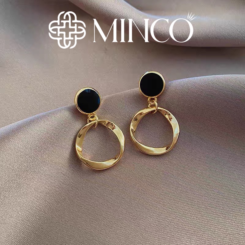 Bông tai nữ đá đen tròn Minco Accessories màu Gold phụ kiện trang sức đẹp phong cách cá tính BT314