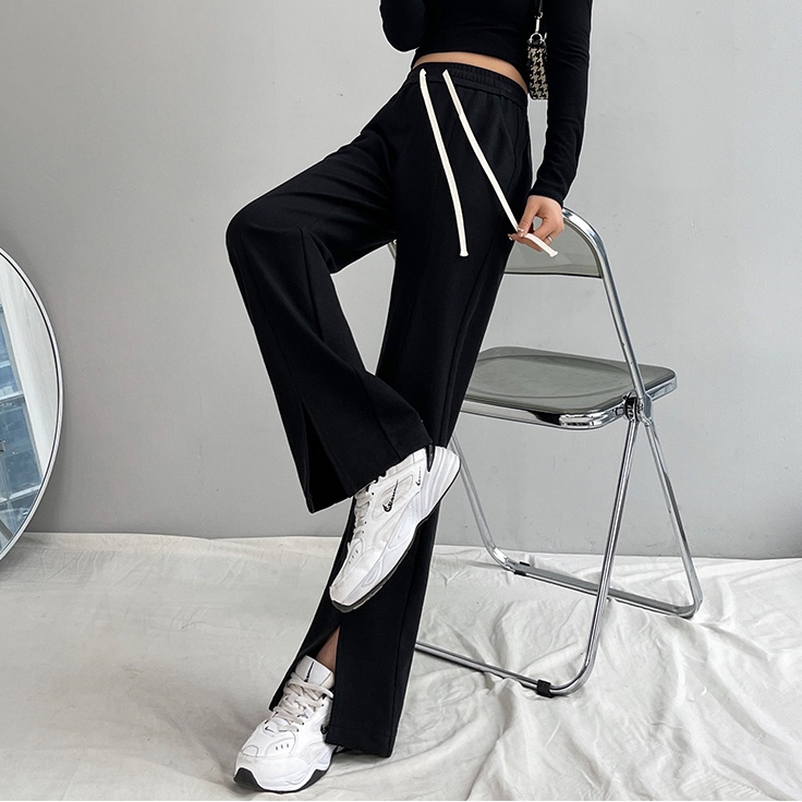 SUXI Quần Dài Ống Rộng Màu Đen Lưng Cao Phối Dây Rút Thiết Kế Đơn Giản Cho Nữ