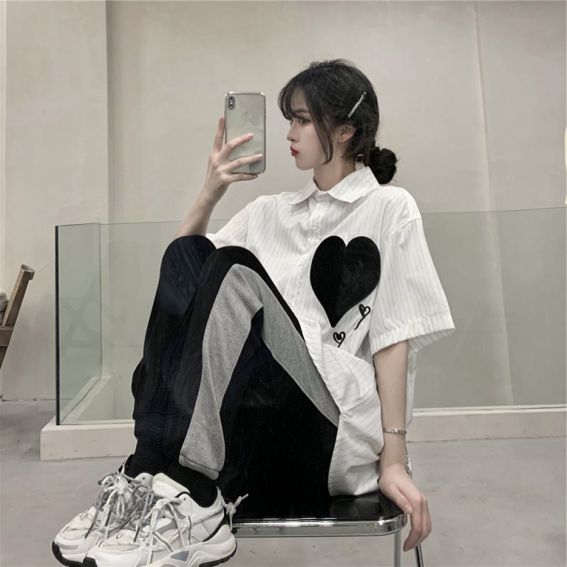 Summer Heart Printed Retro Design Top Niche Casual Loose-Fit-Style Hong Kong-Style BF Striped White Shirt Female