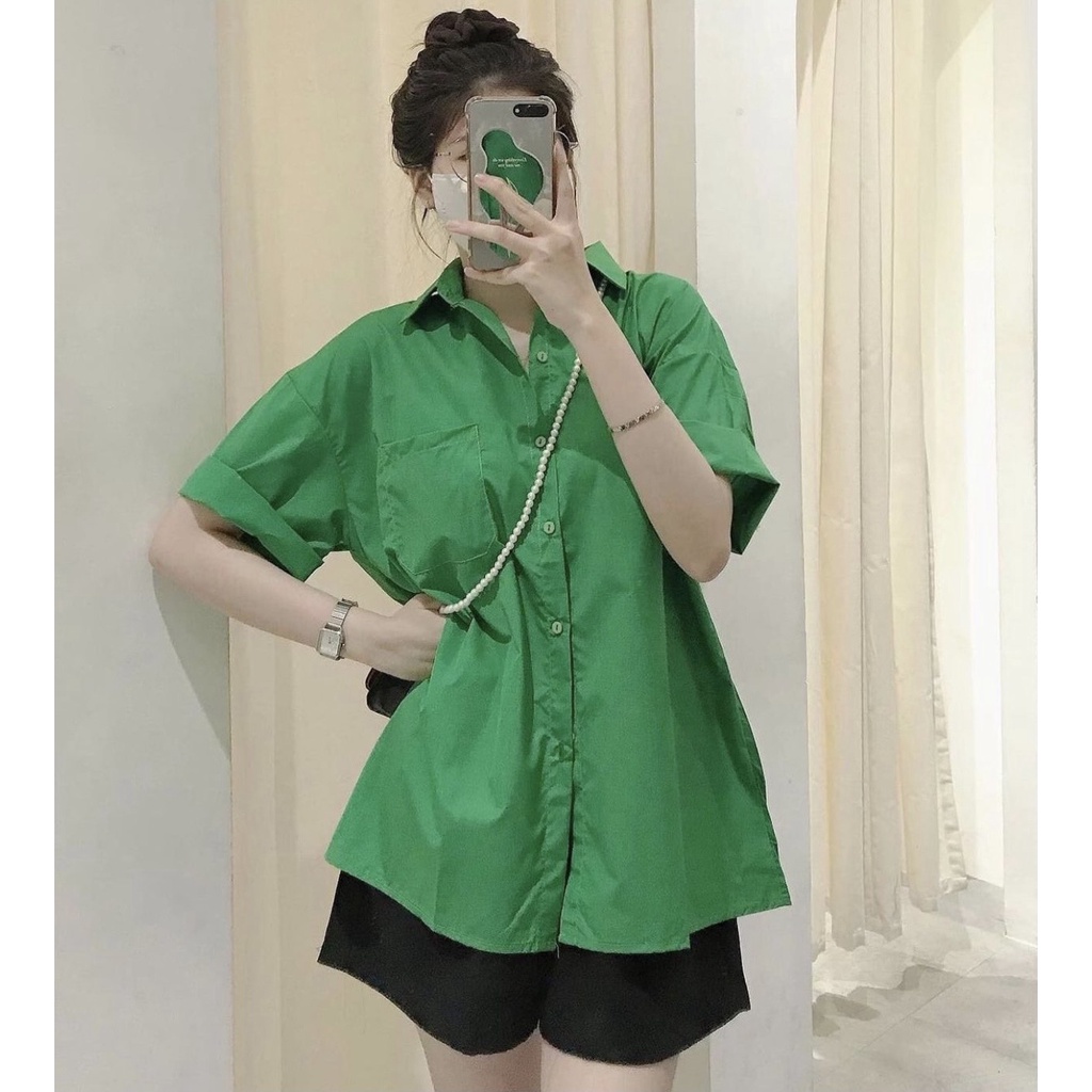Áo sơ mi form rộng ngắn tay xanh lá xanh bơ trắng hồng