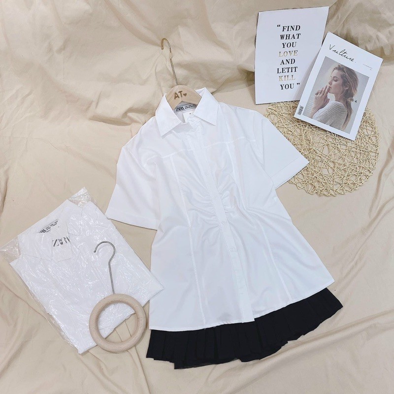 ANU174 - ÁO SƠ MI NỮ TRẮNG CỘC TAY DÚM NGỰC
