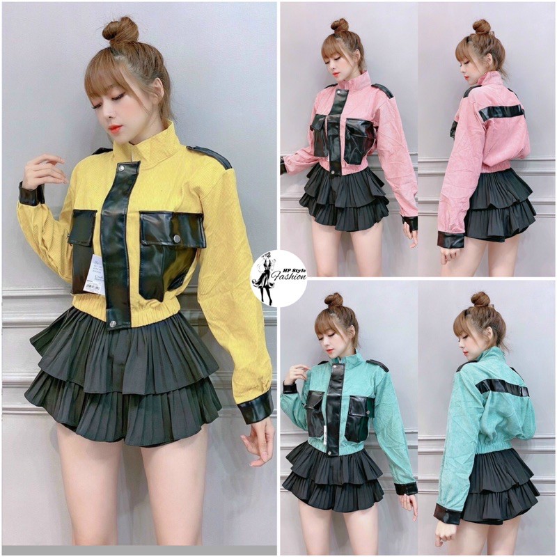 Áo khoác nhung nữ bomber form lửng phối túi da xinh xắn