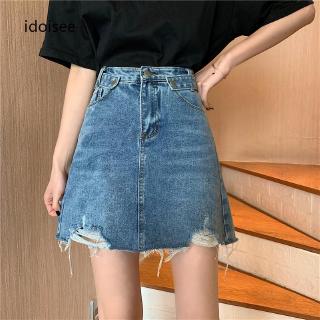 Chân Váy Jeans Lưng Cao Xẻ Tà Cá Tính Cho Nữ