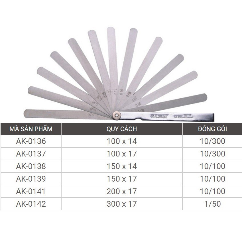 Thước lá đo khe hở (dưỡng đo độ dày) 14 chi tiết 0.05-1.00mm Asaki